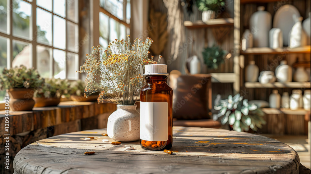 White Aid Supplement mockup Bottle on table in Cozy Light kitchen Setting. Health care. Natural shadows. Copy space for text. White Aid Supplement mockup Bottle on table in Cozy Light kitchen Setting. Health care. Natural shadows. Copy space for text.