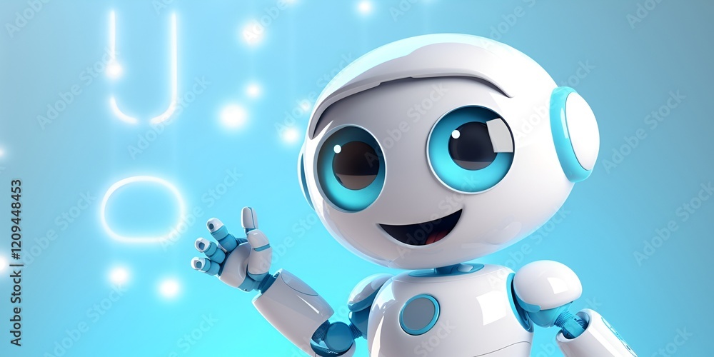 3D icon of a cute robot waving and talking, on a white background with a text bubble above its head containing conversation content. bokeh background 3D icon of a cute robot waving and talking, on a white background with a text bubble above its head containing conversation content. bokeh background
