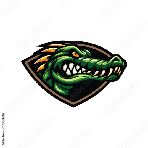 Design a modern professional logo for a sports team featuring an alligator. Incorporate strong lines, bold colors, and a powerful stance to convey strength and competitiveness.