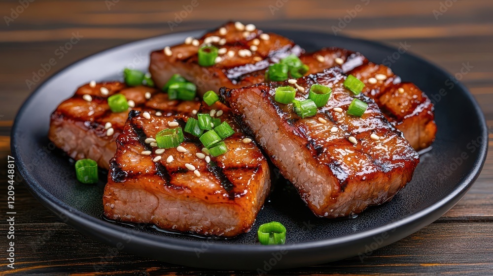 A plate of perfectly grilled Korean pork with a shiny glaze, garnished with sesame seeds and spring onions, 3D render A plate of perfectly grilled Korean pork with a shiny glaze, garnished with sesame seeds and spring onions, 3D render