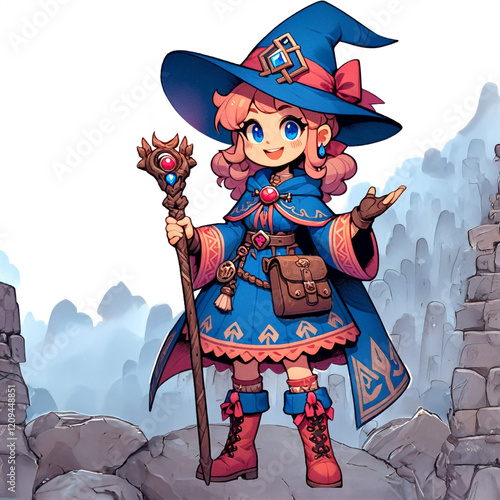 Cheerful young witch in blue hat and cloak holding magical staff standing near ruins and misty cliffs. Fantasy character illustration in cartoon style. Magic and adventure concept for design and print