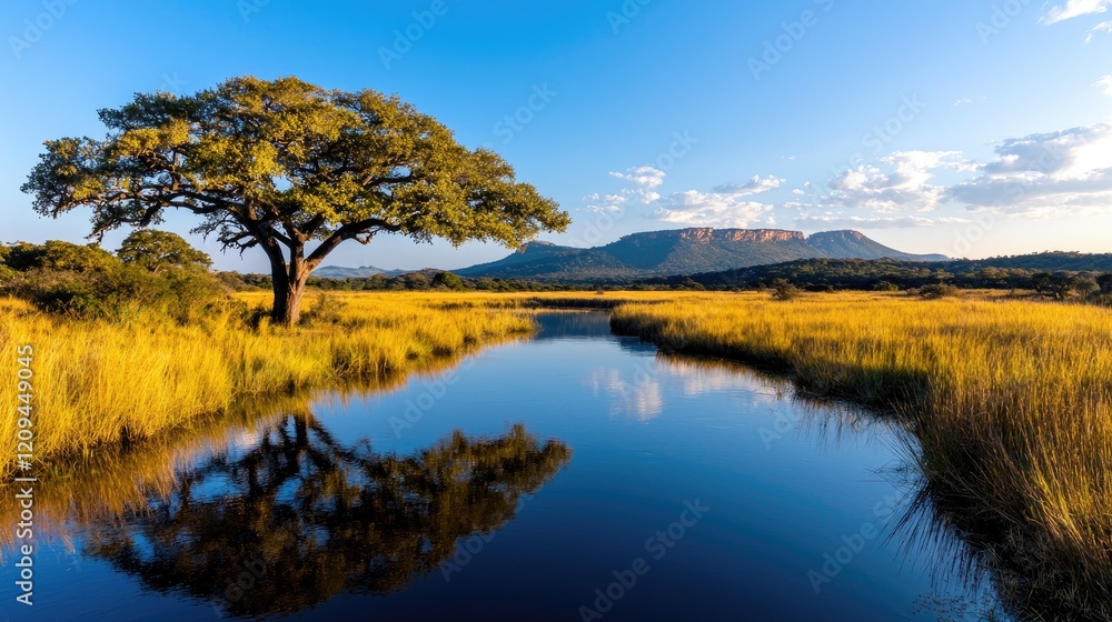 Serene African savanna landscape river, tree, mountain reflection Serene African savanna landscape river, tree, mountain reflection