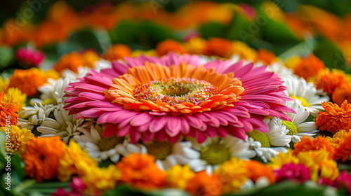 Flower Mandala is creation of beautiful mandala of fresh flowers, symbolizing harmony, love and beauty. Celebration of Flower Festival in India. Riot of colourful splendour.