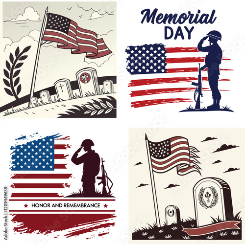 Memorial Day illustration, patriotic American design, silhouette of saluting soldier
