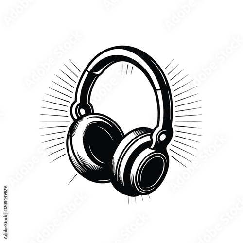 A stark black and white image of headphones with light rays radiating from the earcups. The image evokes a sense of sound and movement.