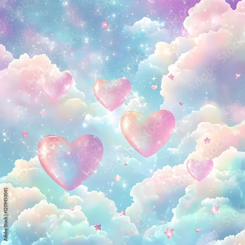 Celestial Heartscape:  Pastel hearts drift amidst a dreamy cloudscape, sprinkled with twinkling stars, creating a whimsical and romantic atmosphere.