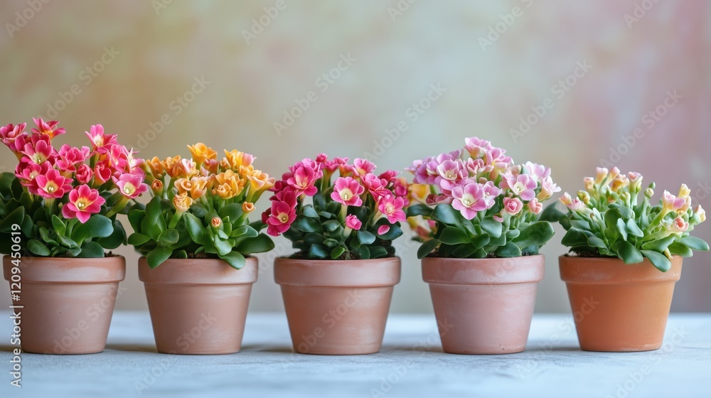 A close-up of vibrant flowers in various colors, blooming beautifully in pots, set against a soft, light background. A close-up of vibrant flowers in various colors, blooming beautifully in pots, set against a soft, light background.