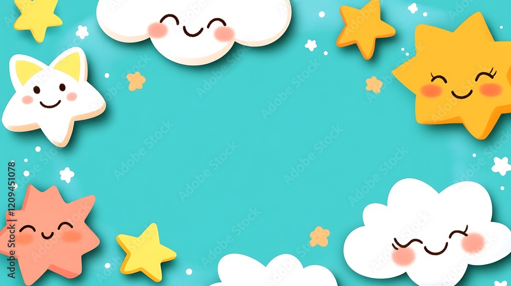 Happy Clouds and Stars on a Teal Background Happy Clouds and Stars on a Teal Background