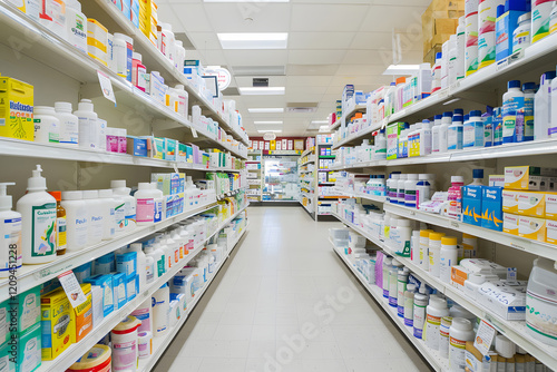 Clear signage space in a pharmacy aisle  surrounded by colorful medication bottles and products  bright lighting  clean and organized layout. Generative Ai.