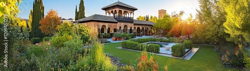 Garden pavilion sunset landscape; tranquil oasis; travel brochure