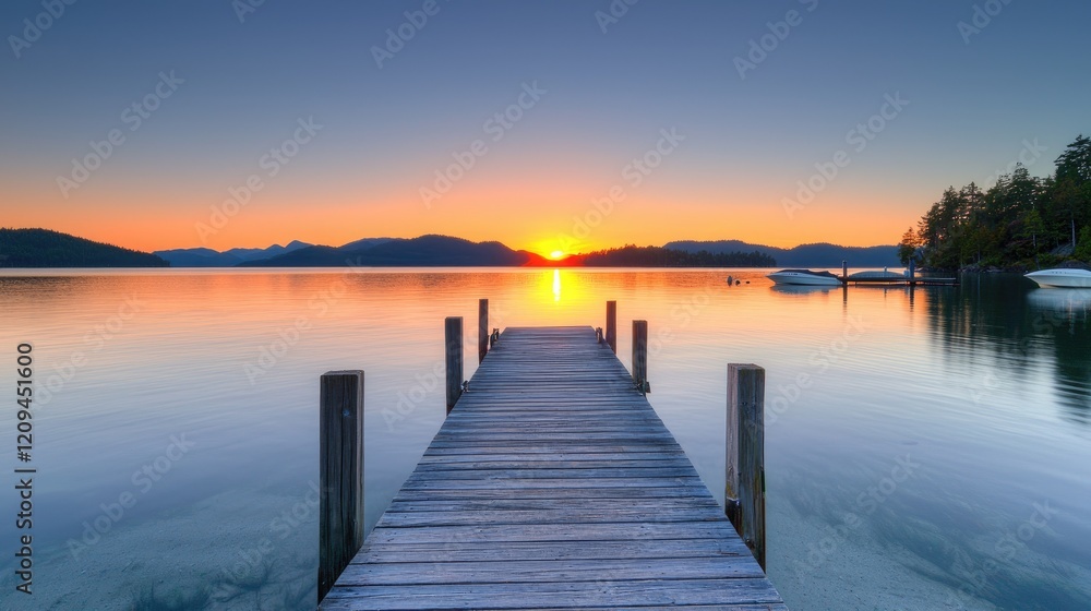 Serene sunrise over calm lake, wooden dock leading to sun, mountains in background; perfect for travel brochures Serene sunrise over calm lake, wooden dock leading to sun, mountains in background; perfect for travel brochures