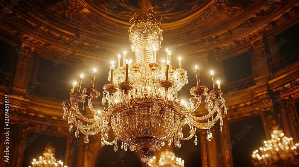 Obraz premium Elegant chandelier lighting up a classic ballroom, luxurious and ornate