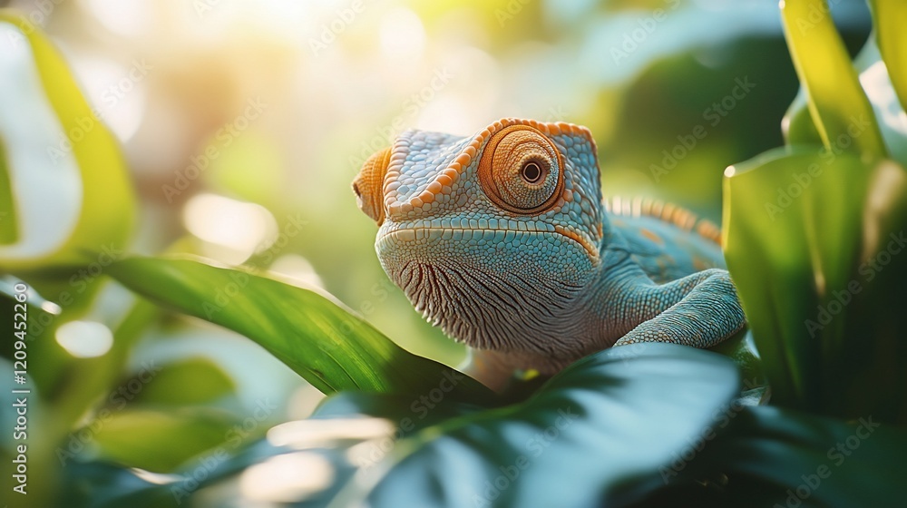 Blue chameleon on green leaves in sunlight. Blue chameleon on green leaves in sunlight.