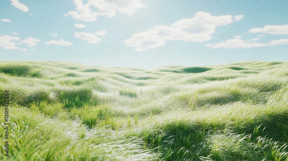 Obraz premium Vast green grassland under a bright blue sky with fluffy white clouds.