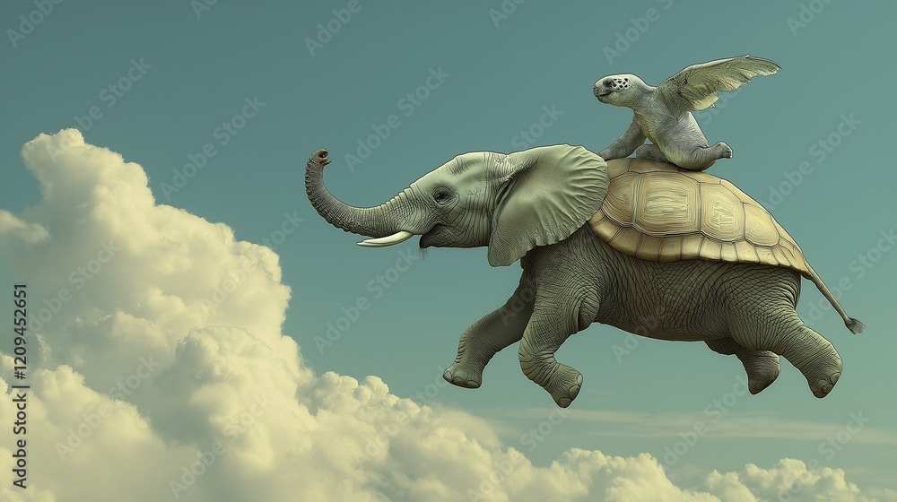 Obraz premium Majestic Flying Elephant Carrying a Companion in the Sky. Fantasy Flight: Flying Elephant and Its Passenger. The Skybound Elephant: A Magical Ride. Unbelievable Flying Elephant with a Passenger