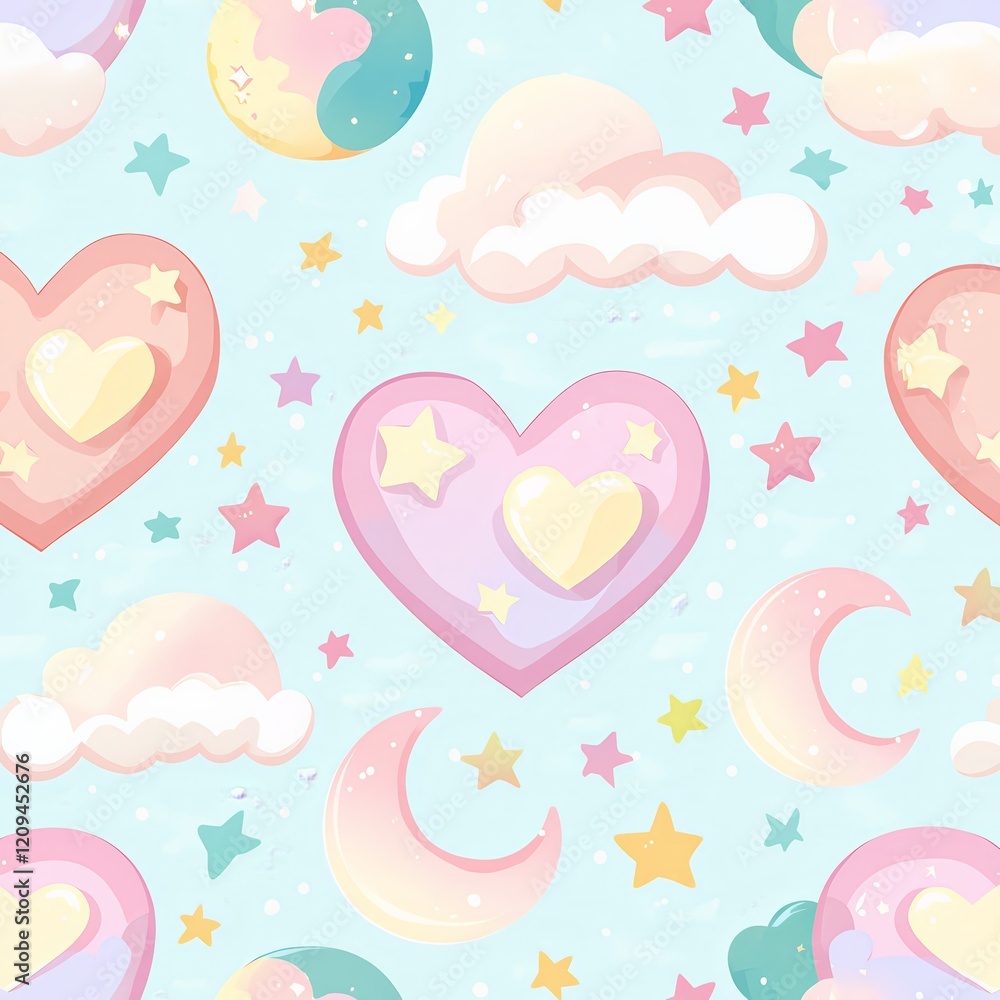 Pastel Dreamland: Seamless Pattern of Hearts, Moons, and Stars. A whimsical and enchanting pastel-colored seamless pattern featuring hearts, moons, and stars, perfect for baby clothes. Pastel Dreamland: Seamless Pattern of Hearts, Moons, and Stars. A whimsical and enchanting pastel-colored seamless pattern featuring hearts, moons, and stars, perfect for baby clothes.