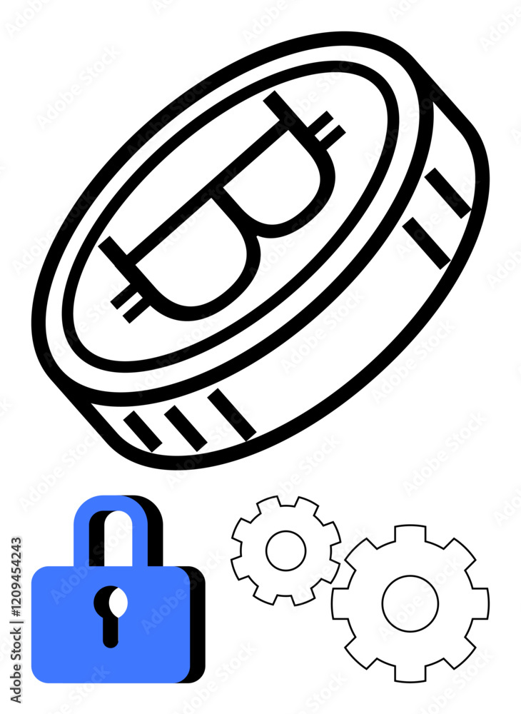 Locked Bitcoin coin with blue padlock and gears. Ideal for finance, technology, blockchain, cryptocurrency, security, digital currency, financial security. Line metaphor Locked Bitcoin coin with blue padlock and gears. Ideal for finance, technology, blockchain, cryptocurrency, security, digital currency, financial security. Line metaphor