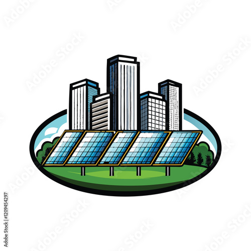 A detailed outline of a modern cityscape with solar panels installed on the roofs of buildings.
