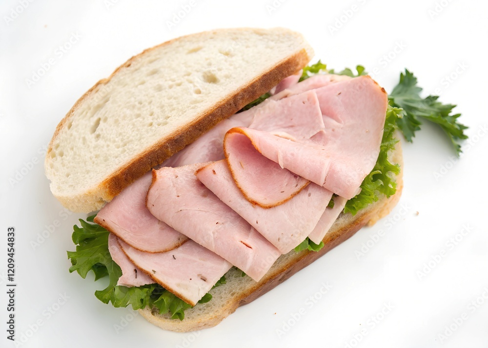 Ham sandwich, Bread with sliced pork on a white background. top view. Ham sandwich, Bread with sliced pork on a white background. top view.