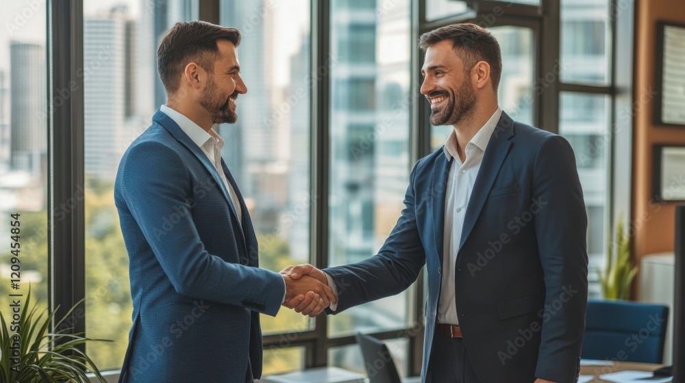 Successful Business Partnership: Two Smiling Businessmen Shake Hands in Modern Office Successful Business Partnership: Two Smiling Businessmen Shake Hands in Modern Office