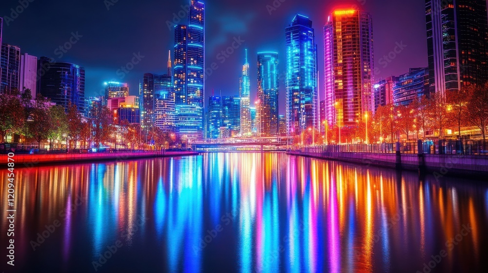 Vibrant city skyline illuminated at night, reflecting lights on the water's surface. Vibrant city skyline illuminated at night, reflecting lights on the water's surface.