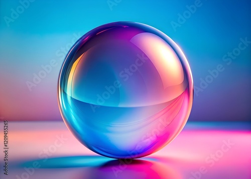 vibrant glass sphere with pink and blue gradient reflections on soft pastel background