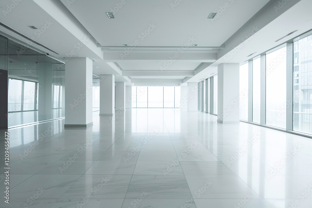 Bright, empty modern interior with large windows and glossy tiled floor, flooded with natural sunlight. Bright, empty modern interior with large windows and glossy tiled floor, flooded with natural sunlight.