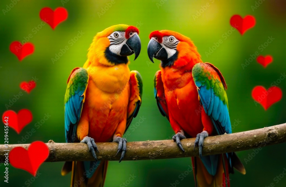 Two vibrant macaws sit closely on a branch, surrounded by heart shapes, showcasing their colorful feathers Two vibrant macaws sit closely on a branch, surrounded by heart shapes, showcasing their colorful feathers