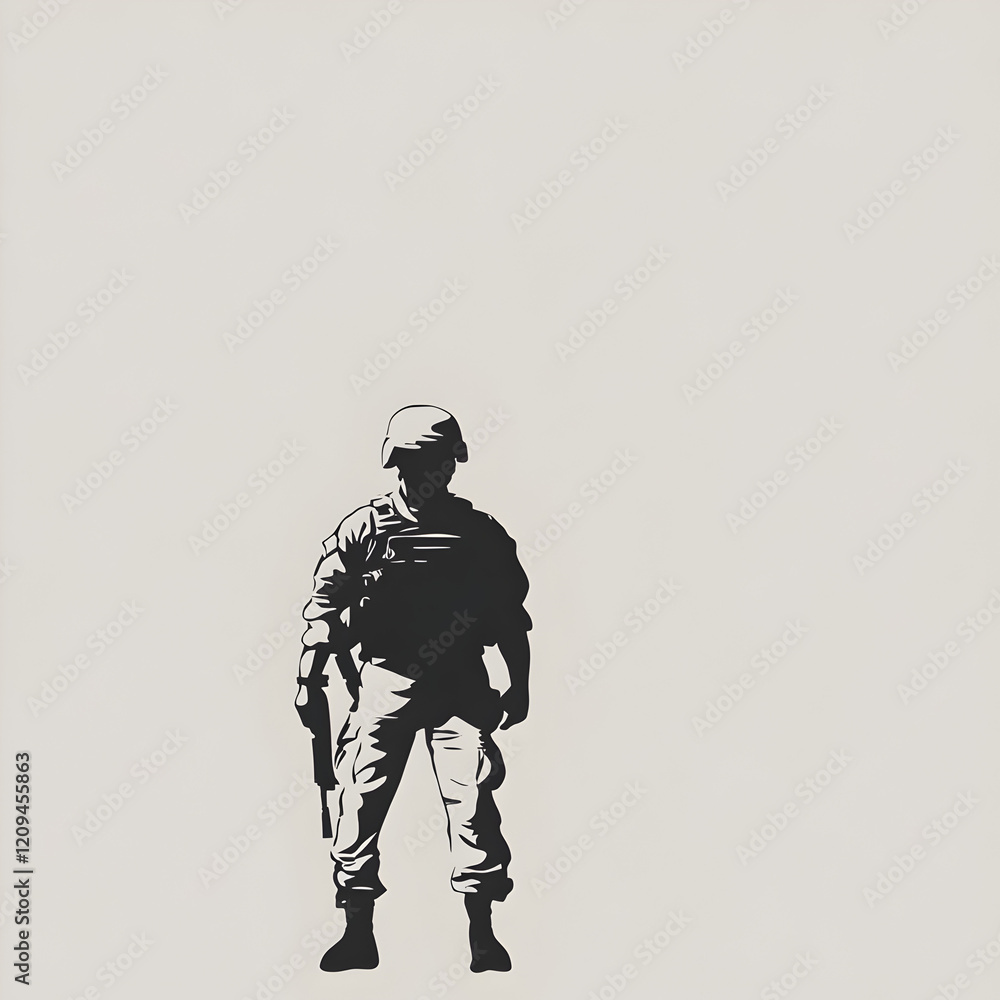 A minimalist vector of a soldier on patrol, symbolizing vigilance and duty. Soldier on patrol illustration.


