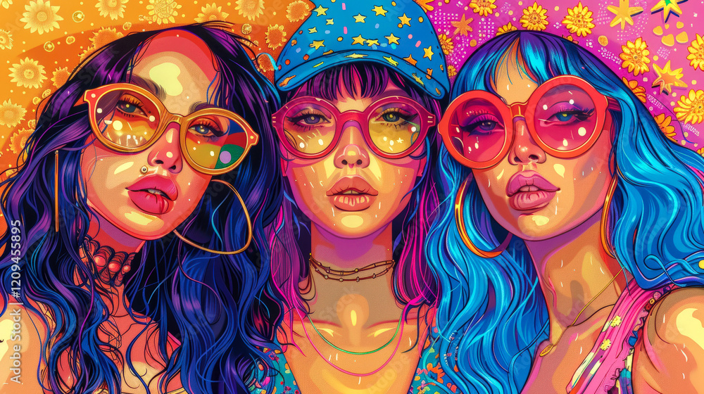 Obraz premium Group gang of 3 multi ethnic lucky girls in sparkly pop art bright colour outfit. Creative lucky girls in glasses concept. Close up.