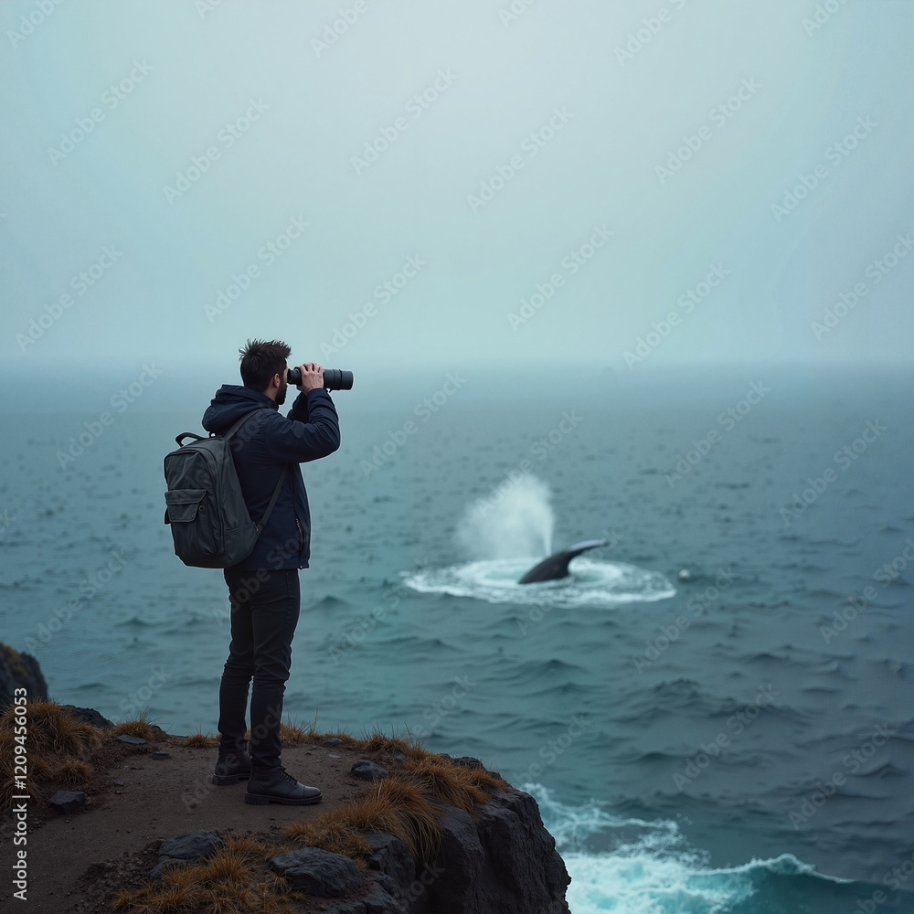 Obraz premium Person on cliff using binoculars to watch whale in the ocean, overcast sky
