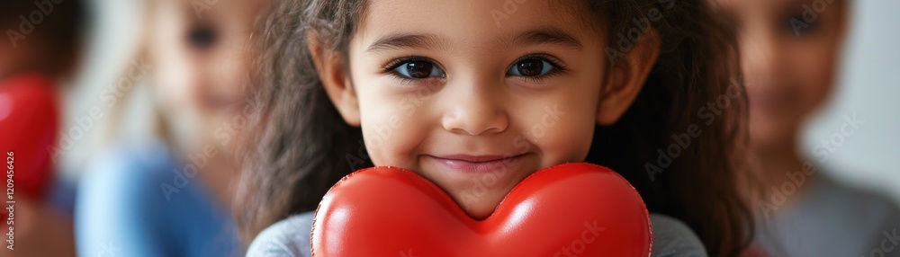 A joyful child holding a heart symbol, representing love. A joyful child holding a heart symbol, representing love.