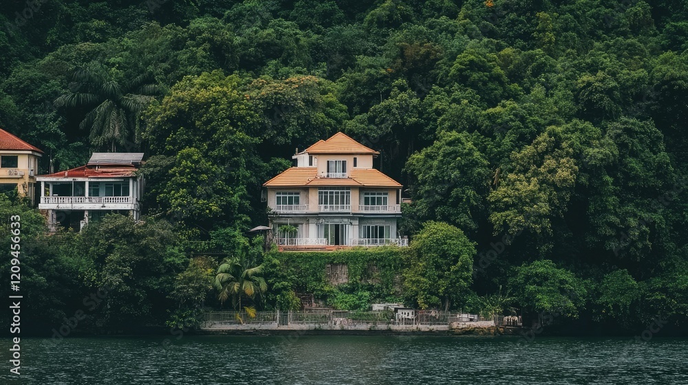 Fototapeta premium A peaceful riverside house surrounded by lush greenery, nestled by the calm waters.