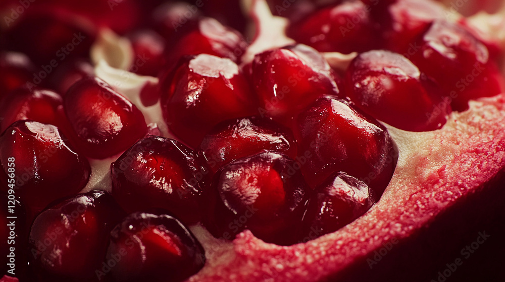 Bright red seeds of a cut pomegranate showcasing the juicy fruit's vibrant interior and unique texture in a close-up view. Generative AI Bright red seeds of a cut pomegranate showcasing the juicy fruit's vibrant interior and unique texture in a close-up view. Generative AI