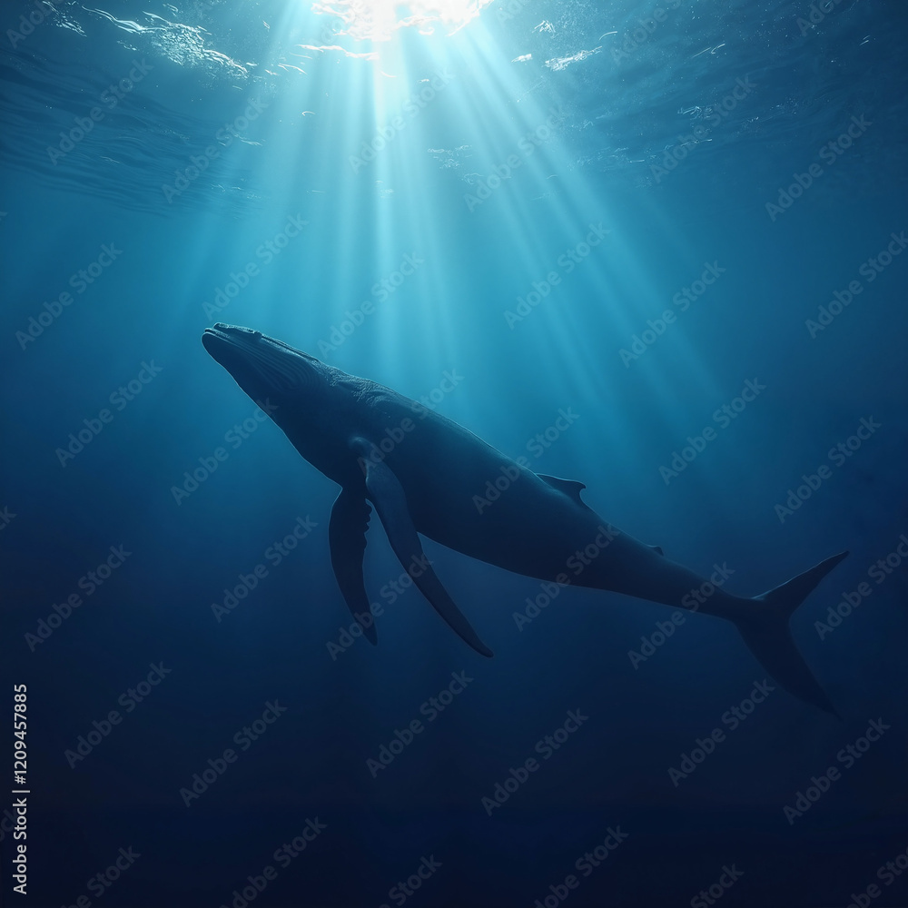 Naklejka premium Close-up of whale swimming near ocean surface with sunlight filtering through water