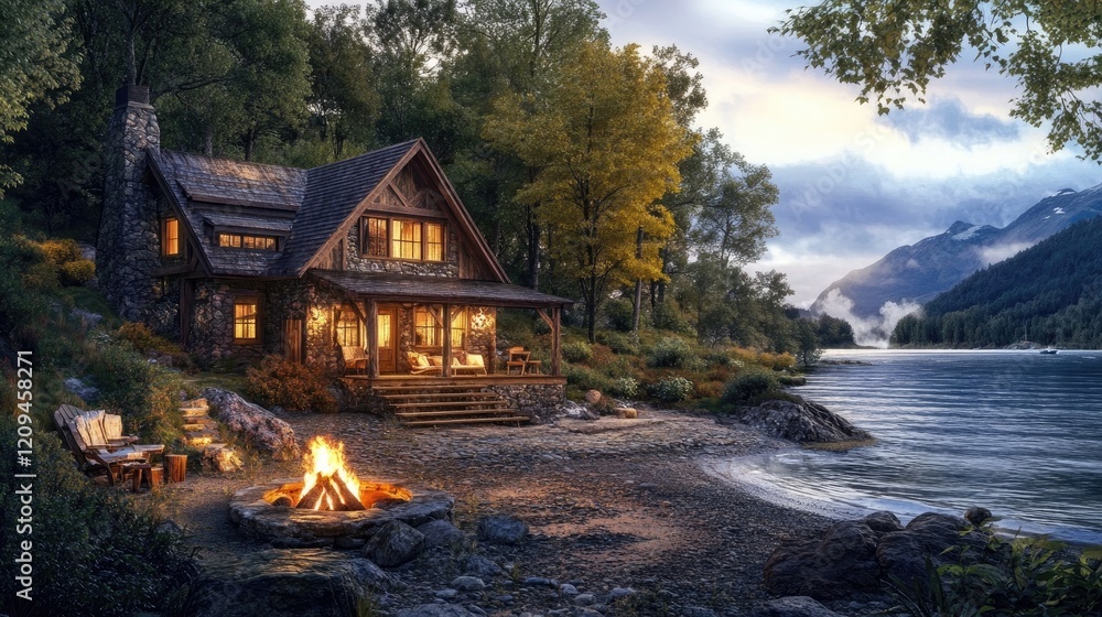 Fototapeta premium A rustic riverside house with wooden beams and a fire pit by the water for cozy nights.