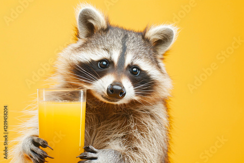 Playful raccoon with orange juice, holding a glass and showing a cute expression against a simple background. photo