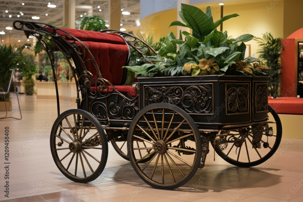Fototapeta premium Elegant horse drawn carriage decorated with potted plants, creating a charming vintage display in a public space