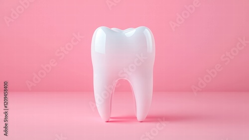 A glossy, white tooth model stands against a soft pink background, symbolizing dental health and hygiene.