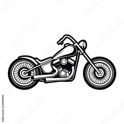 A retro-inspired chopper motorcycle with thick lines and a minimalist design. The motorcycle should have a classic chrome finish and a single seat.