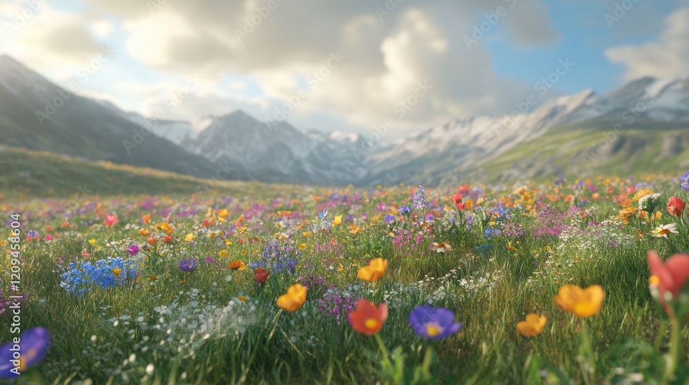 Obraz premium Vibrant flower field with mountains under a blue sky filled with fluffy clouds.
