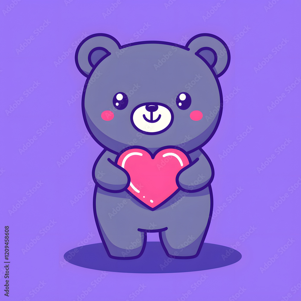 Obraz premium cheerful cartoon bear holding vibrant heart icon, showcasing love and joy. This adorable character stands against purple background, radiating warmth and happiness