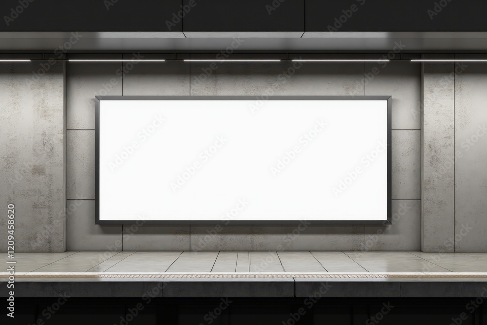 Empty Advertising Billboard in Modern Subway Station with Industrial Concrete Walls and Bright Lighting for Creative Marketing Use Empty Advertising Billboard in Modern Subway Station with Industrial Concrete Walls and Bright Lighting for Creative Marketing Use