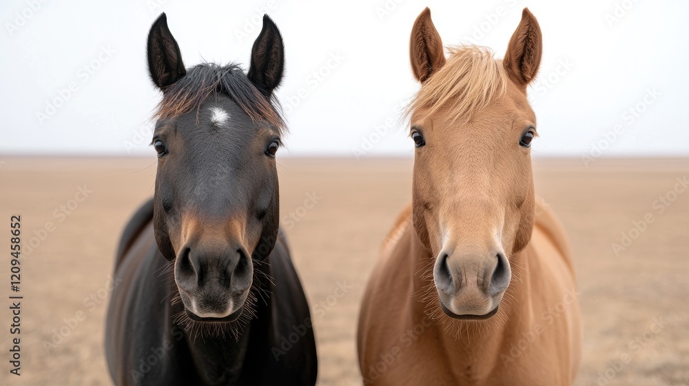 Naklejka premium Two horses, steppe, facing camera, vast plain background, stock photo