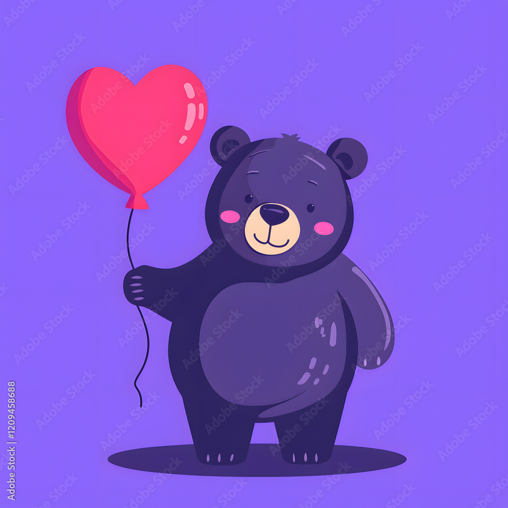 Fototapeta premium cheerful cartoon bear holding bright heart balloon, set against vibrant purple background. This adorable character radiates joy and warmth, perfect for children themes