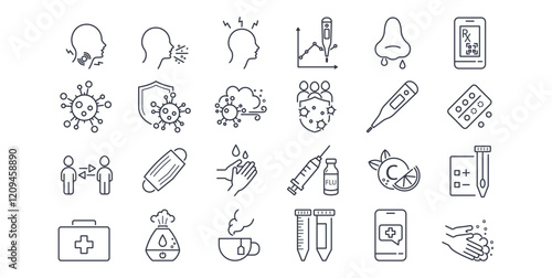 Viral infection, symptoms, treatment. Line icon set. Virus, Flu Test, sore throat, vitamin c, prescription, respiratory spread, hand washing, humidifier, cough, headache, runny nose, hot drink vector.