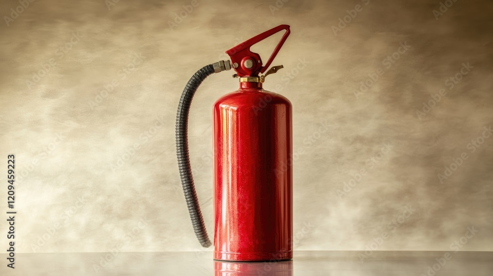 Fototapeta premium A shiny fire extinguisher standing upright on a reflective white surface with a soft gray background