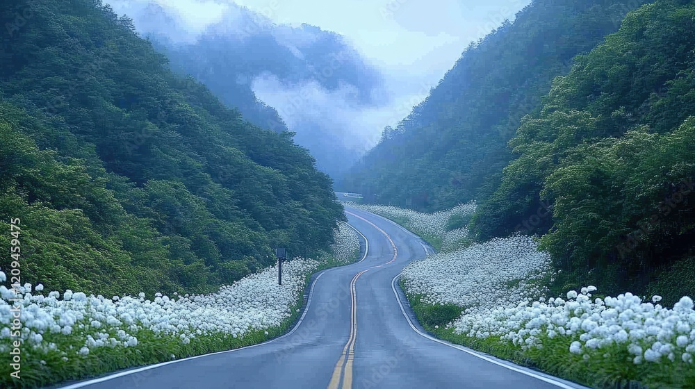 A stunning view of a road adorned with white flowers on both sides, offering a scenic and serene atmosphere. A stunning view of a road adorned with white flowers on both sides, offering a scenic and serene atmosphere.