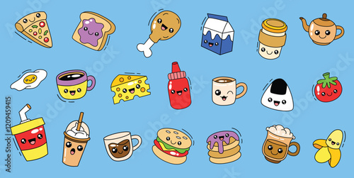 Set of cute kawaii food doodle vector collection