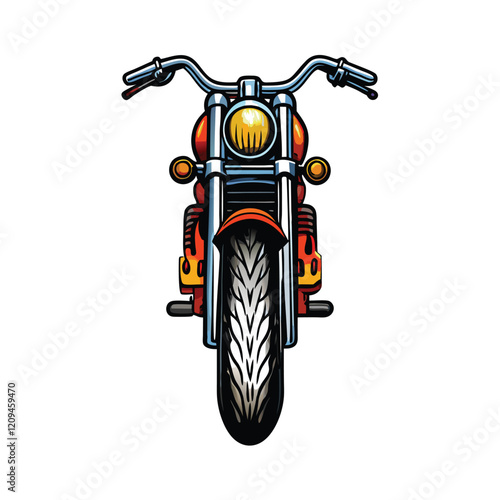 Close-up of a vintage motorcycle's front end with a chrome headlight, handlebars, and spoked wheel, engulfed in vibrant flames.
